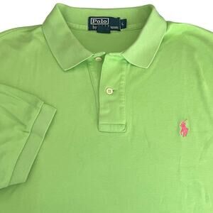 POLO RALPH LAUREN Men's Large Short Sleeve Cotton Shirt Lime Green Pink Pony